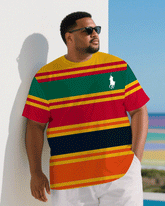 Men's Plus Size Red & Yellow Multicolor Color Contrast Stripe Chest Small Label Short Sleeve T-Shirt Shorts Suit